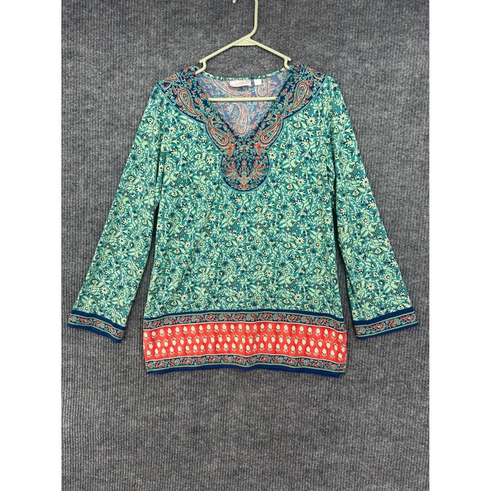 Belle by Kim Gravel Tunic Top Women XS Green Excellent Floral Paisley V-Neck